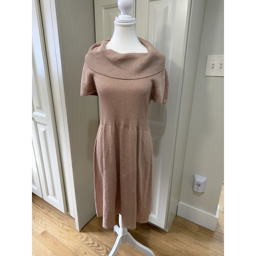 Calvin Klein Knit Sweater Dress L Pink Shimmer‎ Cowl Neck Preppy Chic Midi